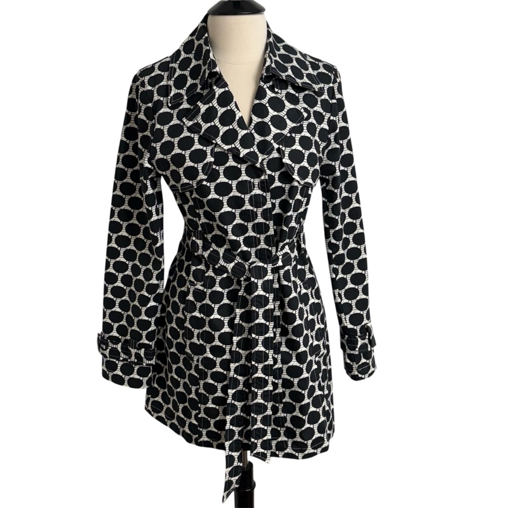 Ambition Women's Collared, Tie Waist Belt, Black and White Polka Dot Trench Coat